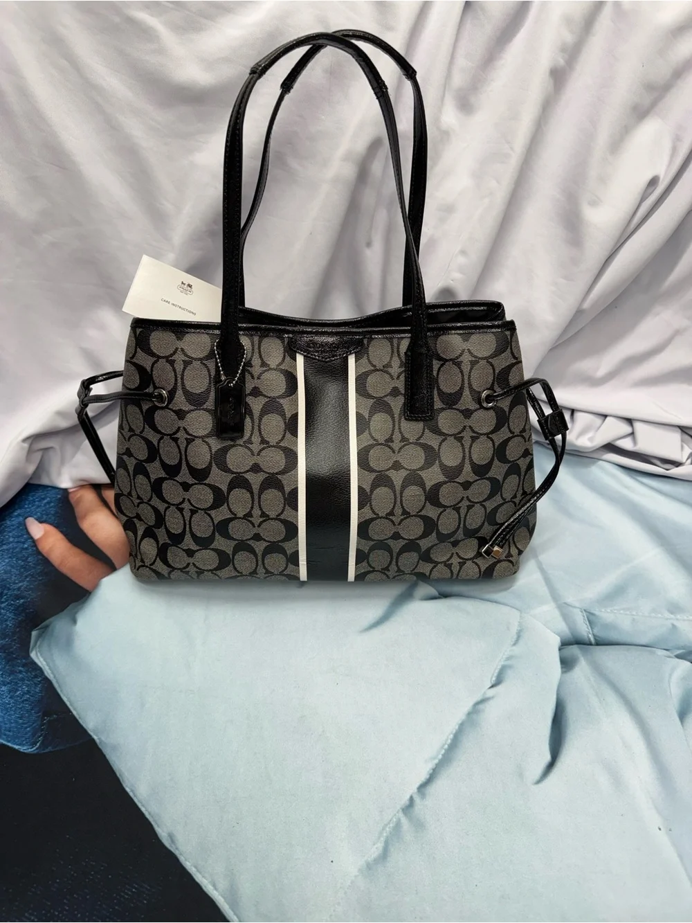 (new+tag) Coach Signature Drawstring Monogram Tote with Black Varsity Stripe